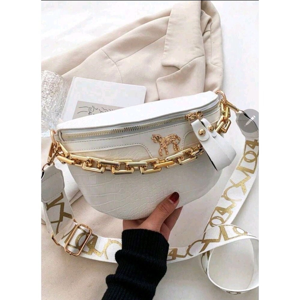 White Croc Horse Chain Shoulder Bag Fashion Fanny Pack Belt Bag